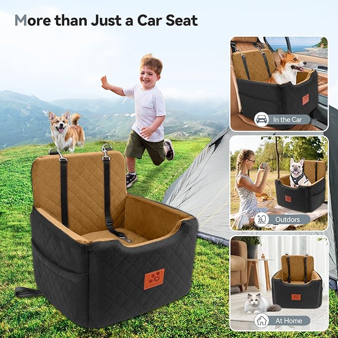 GL GLENSLAVE Dog Car Seat for Small/Medium Dogs Under 35lbs,Memory Foam Dog Booster Seats,Detachable and Washable Traval Pet Car Seat, Dogs Bed with 2 Safety Belts (Black/Coffee)