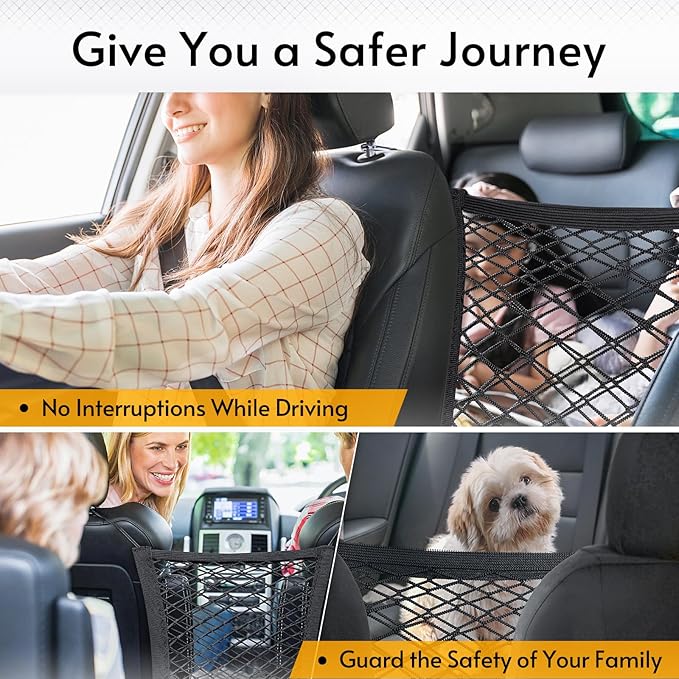 rabbitgoo Dog Car Net Barrier for SUVs, Pet Barrier with Metal Hooks & Stretchable Mesh, Car Divider & Storage Bag, Easy to Install, Drive Safely with Children & Pets, 11.7"×11.7"