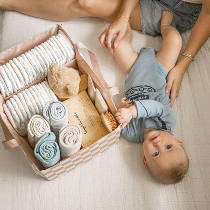 Tiny Twinkle Diaper Caddy Organizer | Foldable Baby Storage Basket with Removable Divider | Waterproof & Mess-Proof Fabric, Portable Nursery Organizer for Newborn Essentials (Beige Checkers)