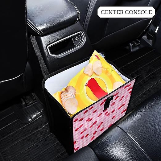 Car Trash Can Organizer Bin with Adjustable Strap for Back Front Seat Console Waterproof Leakproof Collapsible Portable 11 Inch Pink Juicy Checkered Cherry