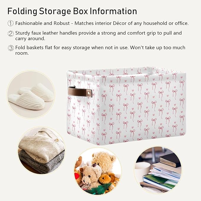 Wamika Pink Ribbon Bow Storage Basket with Waterproof Liner and PU Handles White Bow Tie Cute Storage Bins Boxes 14.2" Collapsible Decorative Organizer Baskets for Bedroom Closet Office 2 Pack