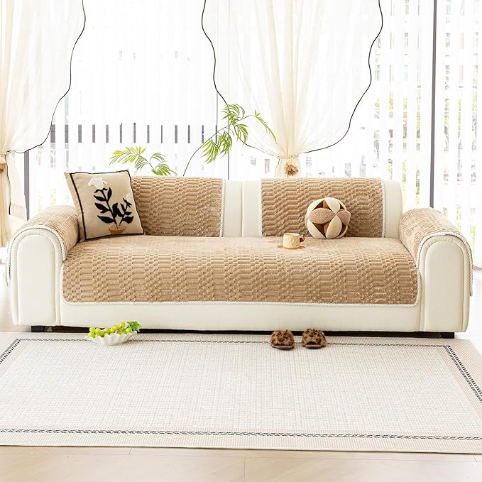 Plush Warm Sofa Covers Washable, Funny Fuzzy Couch Cover for Dogs Washable, Non-Slip Couch Covers for Loveseat, Soft Sofa Slipcover for Pet & Kid(1PC, Light Brown, 36"×71", 2-3 Seater)