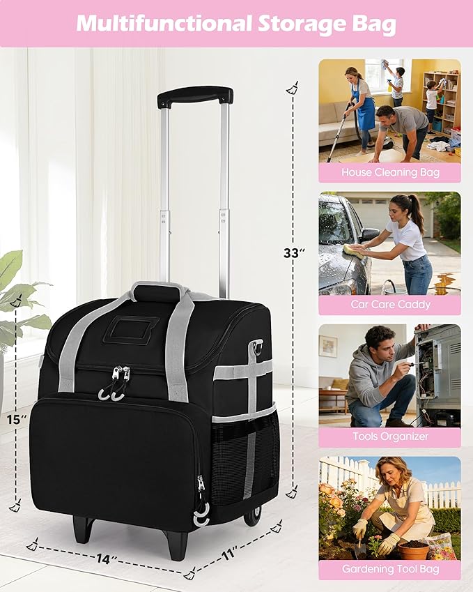 Large Rolling Cleaning Caddy Bag with Detachable Trolley, Cleaning Supplies Organizer with Wheels for Housekeepers, Black