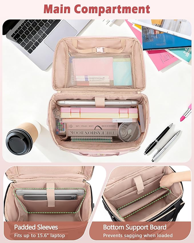 Marscamd Rolling Teacher Bag with Accordion File Organizer & 15.6" Laptop Compartment, Wheeled Work Briefcase Tote with Detachable Trolley & Crossbody Strap for Women, Pink