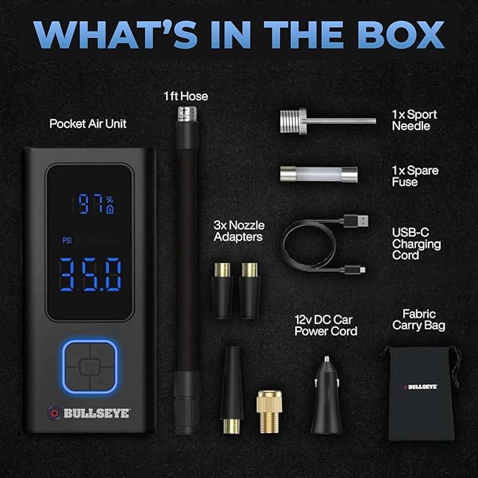 POCKET AIR PRO Tire Inflator Portable Air Compressor by Bullseye Pro for Tires, Balls, Bike with Persta Valve, Auto Shut Off, Inflates in 2 Min, Cordless Rechargeable 6000MAH,150 PSI, SoS Light