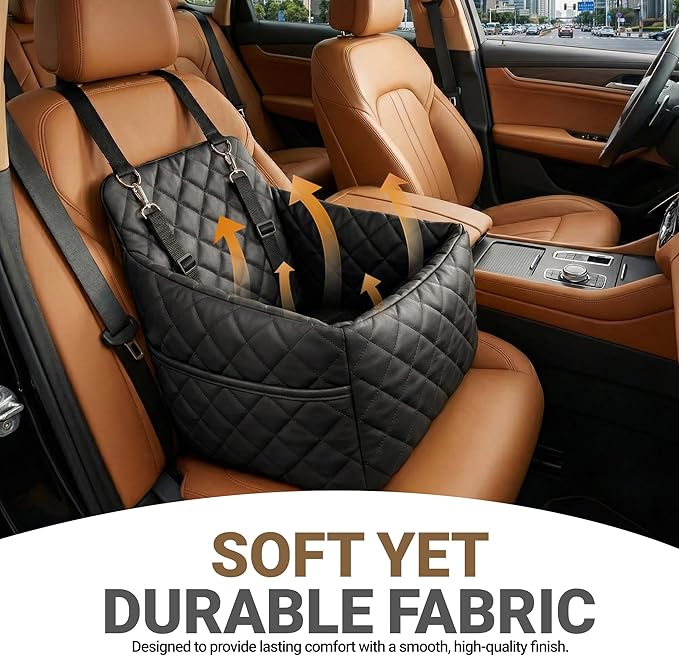 Elevated Dog Car Seat for Small/Medium Dogs up to 35 lbs, Memory Foam Pet Booster Seat with Detachable Washable Cover, Portable Travel-Safe Bed for Cars with Safety Belts and Storage Pockets