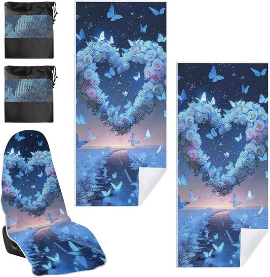 1 Pack Car Towel Seat Covers with Storage Bag, Multifunctional Towel for Gym Outdoor Sport, Picnic, Beach, Pet Dog Travel,Non-Slip Washable Car Seat Protector (Blue Heart)