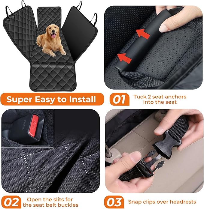KITPLUS Dog Car Seat Cover for Pets Waterproof Seat Cover Hammock Nonslip Durable 600D Heavy Duty Scratch Proof Soft Back Seat Covers for Cars Trucks and SUVs, Black