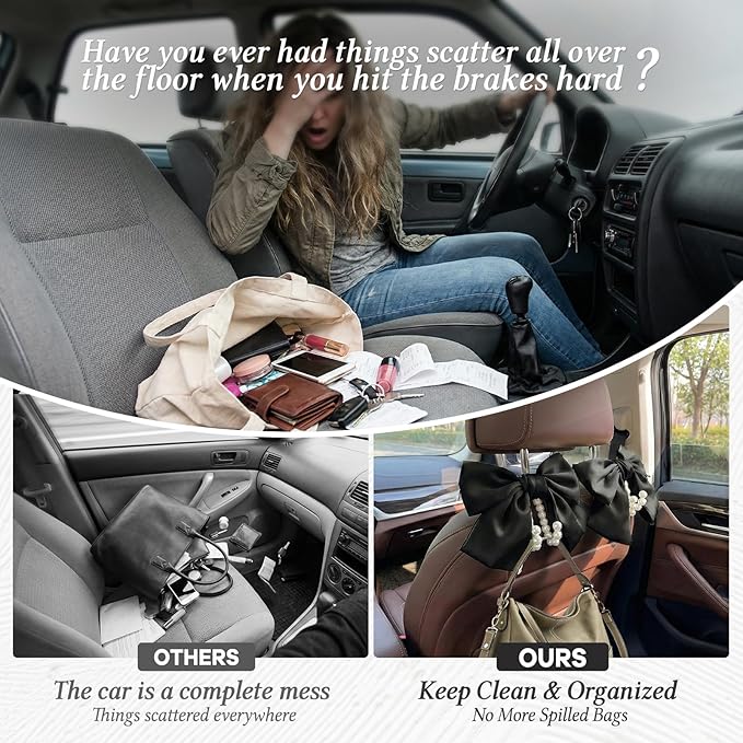 2PCS Satin Bow Pearl Car Seat Headrest Hooks – Car Bag Holder & Vehicle Hanger for Purses – Cute Coquette Aesthetic Interior Decoration – Cute Auto Organizer Accessories Universal (Black)
