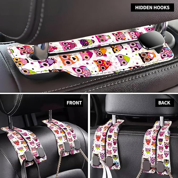 Car Seat Back Storage Headrest Hook, Premium Leather Double Metal Hook, Hanger Storage Organizer for Purse Cloth Bag, Car Interior Accessories Colorful Boho Owls