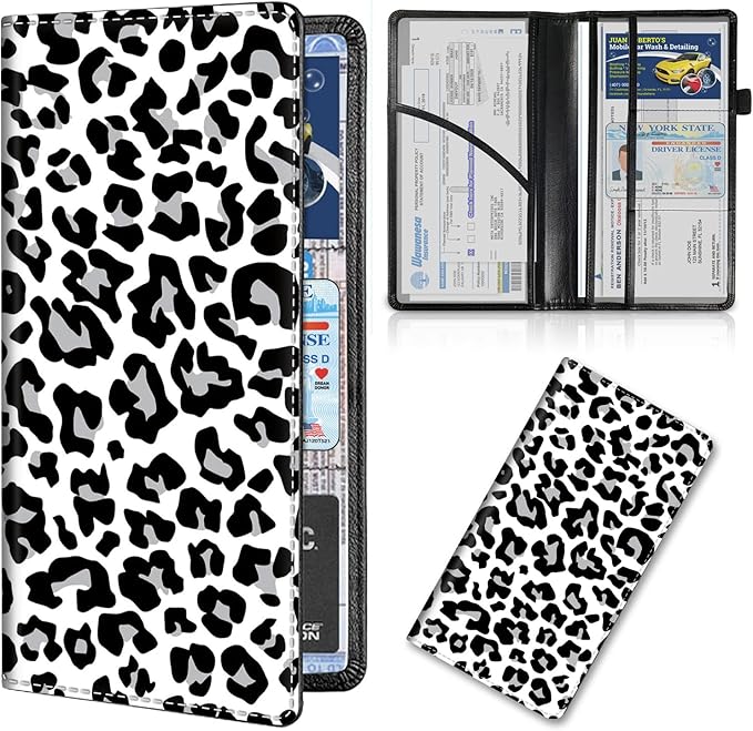 Car Registration and Insurance Card Holder, Premium Leather Vehicle Wallet Cover for Glove Box Car Organizer Drivers License / Cards / ID - Essentials Document Holder, White Cheetah Leopard Print