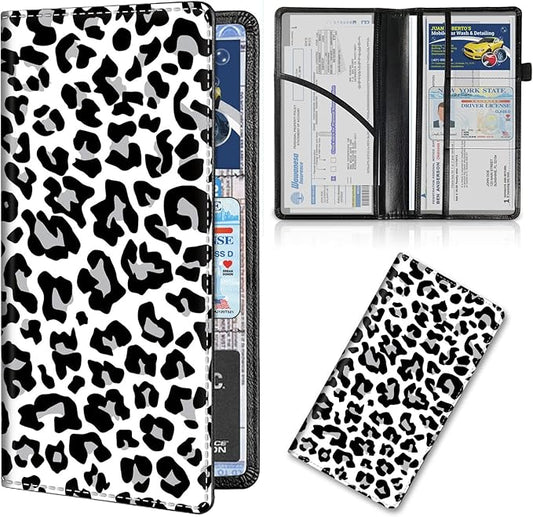 Car Registration and Insurance Card Holder, Premium Leather Vehicle Wallet Cover for Glove Box Car Organizer Drivers License / Cards / ID - Essentials Document Holder, White Cheetah Leopard Print