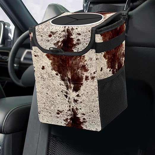 Western Brown Beige Cow Print Car Trash Can with Lid Collapsible Reusable Waterproof Car Garage Bag,Automotive Garbage Can,Car Accessories Interior Car Organizer