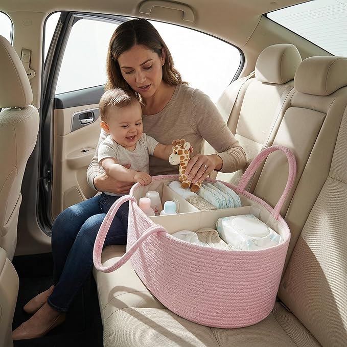 luxury little Diaper Caddy Organizer, Large Cotton Rope Nursery Baby Basket, Changing Table Organizer for Baby Diaper Storage, Portable Car Organizer Removable Divider (Light Pink, Large)