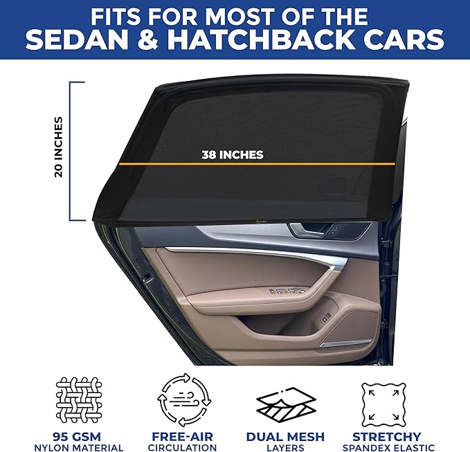 EcoNour Car Window Screens for Camping (Pack of 2) | 100% Protection from Bugs, UV and Mosquito Net | Breathable Mesh Baby Window Covers for Privacy Blackout (Medium 38"x20") | Car Window Accessories