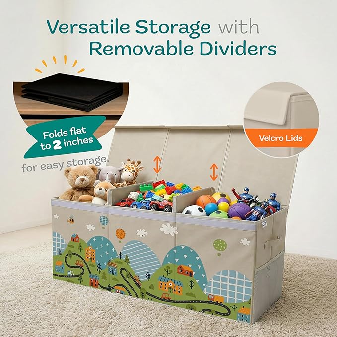 Extra Large Toy Storage Organizer with Lid - Sturdy, Collapsible Toy Chest Storage Box with Cute Design - Toys Bin with Dividers for Kids, Boys, Girls, Nursery, Bedroom, Play room 37"x16"x14"