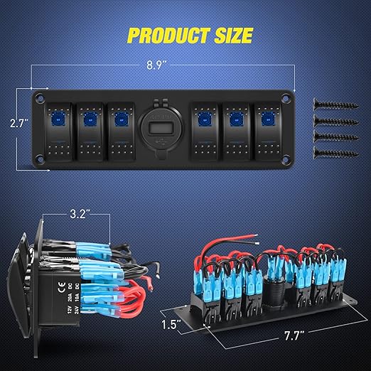 Nilight 6 Gang Rocker Switch 12V SPST ON Off Switch QC 3.0 USB Charger Voltmeter Waterproof Aluminum Rocker Switch Panel Night Glow Stickers for Boats Cars RVs Trucks, 2 Years Warranty,Blue