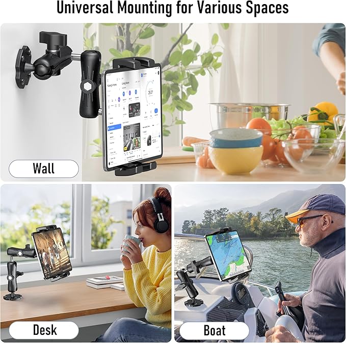 Aluminum Heavy Duty Tablet Mount Car Holder Dashboard for Truck/Vehicle/Desk/Wall, 360° Adjustable Dual Arm iPad Stand Holder Mount for 4.7"-12.9" iPad Pro/Air/Mini/Samsung Galaxy Tab