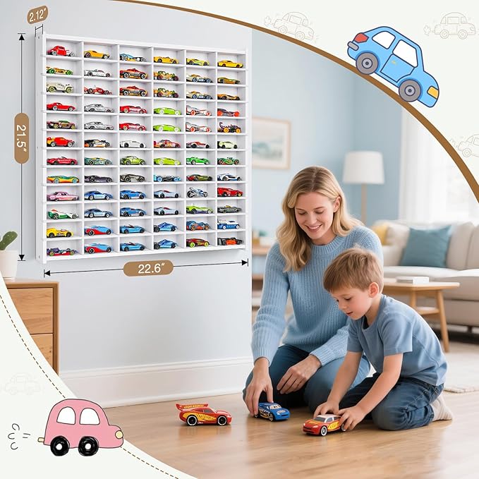 Toy Car Storage Display Case, 72 Slots Model Car Display Shelf for 1/64 Scale Toy Cars, Wall Mount Organizer Rack for Diecast Models (White)