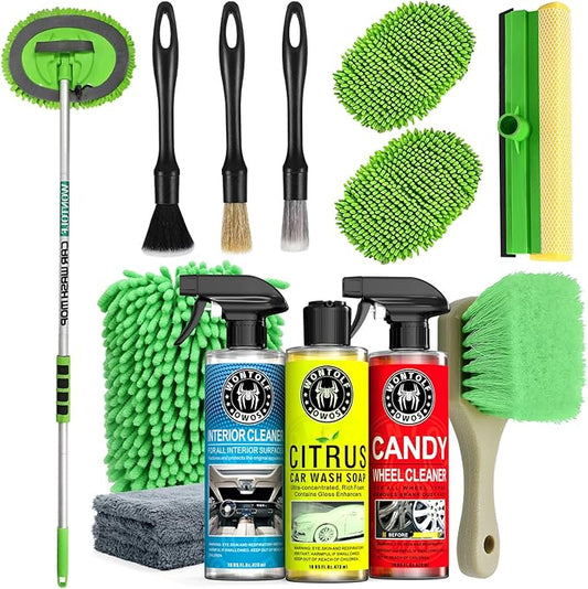 Wontolf Car Wash Kit, Car Cleaning Kit with Long Handle Car Wash Brush, Car Wash Soap, Interior Cleaner, Wheel Cleaner, Window Squeegee, Car Interior Detailing Kit for Cars Trucks RVs SUVs