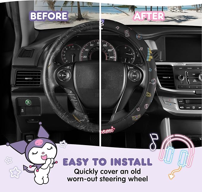 Sanrio Kuromi Car Trunk Organizer & Steering Wheel Cover Set – Cute, Non-Slip, Soft Grip Car Accessories for Women – Collapsible Storage Bin for Groceries, Tools & Travel – 12.5"L x 12.5"W x 9"H