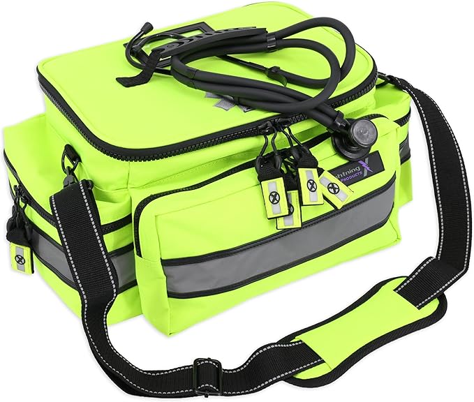 Lightning X Mid-Sized First Responder EMT Bag | LXMB25 | Fully Stocked w/ 240+ First Aid, EMS & Trauma Supplies - Fluorescent Yellow