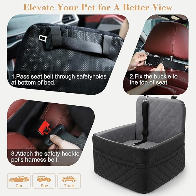 Dog Car Seat for Small/Medium Dogs,Pet Dog Booster Car Seat Puppy 15-35 lbs with Soft 4+2in Detachable Pads Detachable Elevated Cushion and Washable Cover Safety Belt Storage Pockets Easy to Install