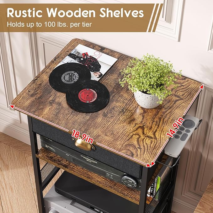 Hongtamoya 4-Tier AV Media Stand with Drawer, Video Game Console Shelf with 2 Hooks, Audio Rack Tower Perfect for/Xbox/ PS5/Switch/Game Consoles/DVD/Record Player/Projector/Sky Box/TV Accessories