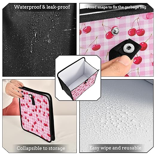 Car Trash Can Organizer Bin with Adjustable Strap for Back Front Seat Console Waterproof Leakproof Collapsible Portable 8.66 Inch Pink Juicy Checkered Cherry