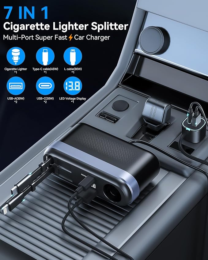 7-in-1 295W Cigarette Lighter Splitter, Cigarette Lighter Adapter with Retractable 45W USB-C/30W Lightning Cables, Car Charger Adapter with LED Voltage Display,5FT Extension Cord for All Car Devices