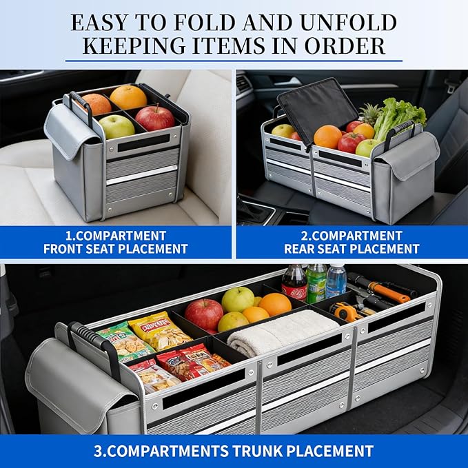 Collapsible Trunk Organizer for Car with Insulated Leakproof Cooler Bag, 3 Compartments SUV Cargo Organizer w/Removable Dividers, 5-in-1 Storage w/Foldable Lid & 2 Tie-Down Straps (Grey)