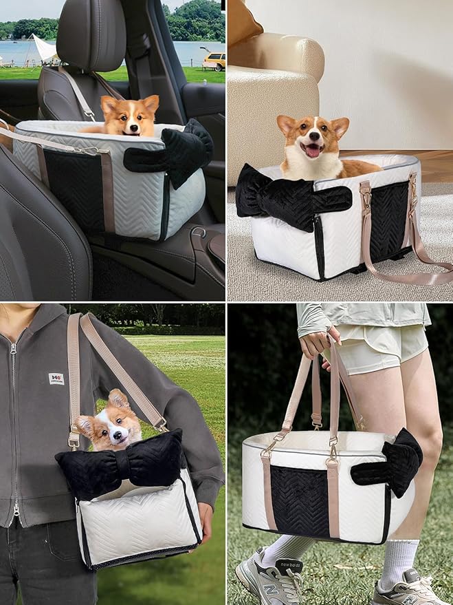 Prpeko Small Dog Car Seat, Portable Dog Seat with Soft Washable Cushion,Center Console Dog Car Seat for Small Dogs Up to 13lbs(White)