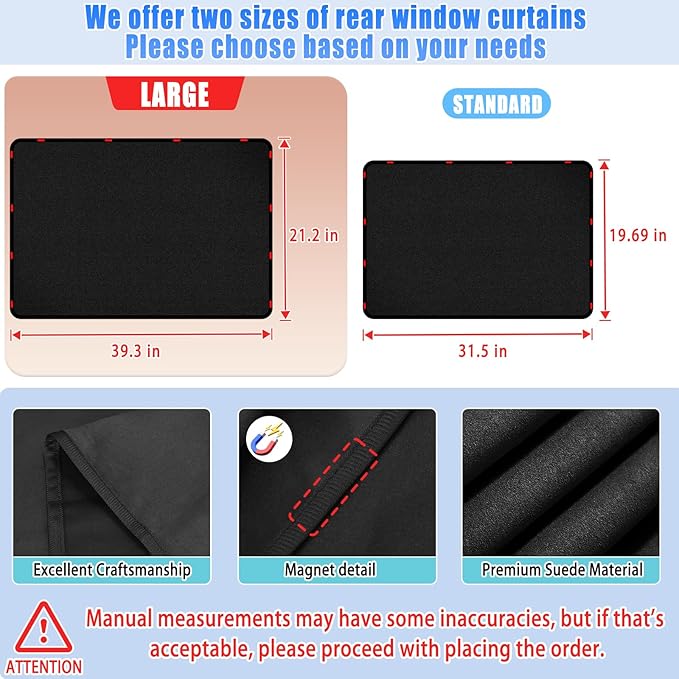 ZATOOTO Car Window Covers for Rear Side Window Curtains Suede Sun Shade for Privacy Blackout for UV Protection, Car Shades for Large Rear Window, 21.2×39.3in