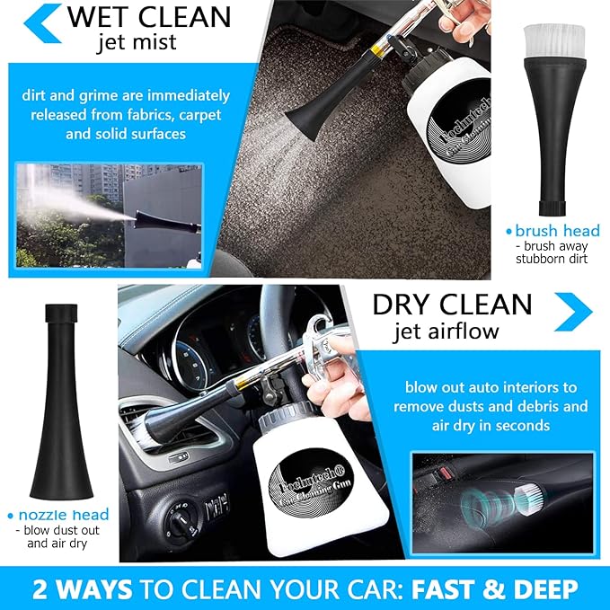 Car Detailing Kit Car Interior Cleaner Turbo Car Cleaning Gun Pro & at Home Interior Car Cleaning Supplies Kit for Upholstery Carpet Seat Headliner, Pressure Sprayer, Air Compressor Needed