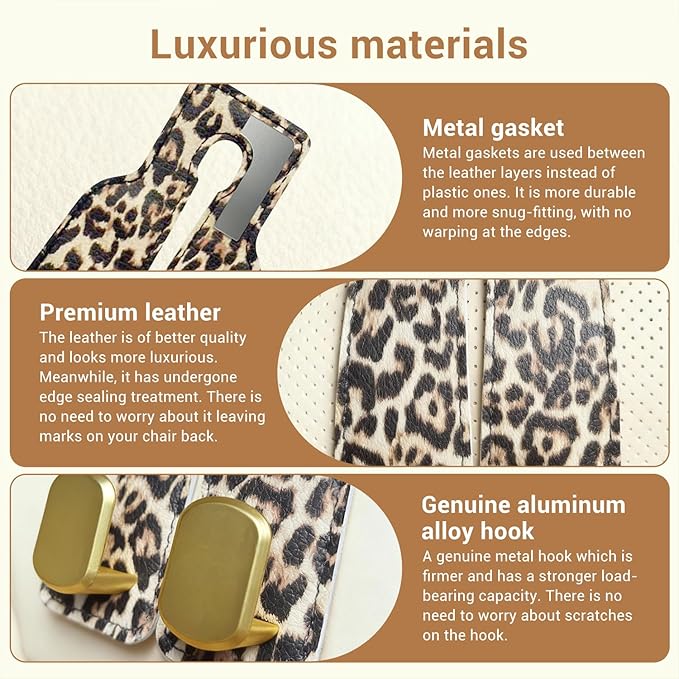 2 Pack Purse Hook for Car Headrest, Car Seat Back Storage Hook for Purses and Bags, Car Back Seat Headrest Purse Holder, Hanger Storage Organizer (Leopard)
