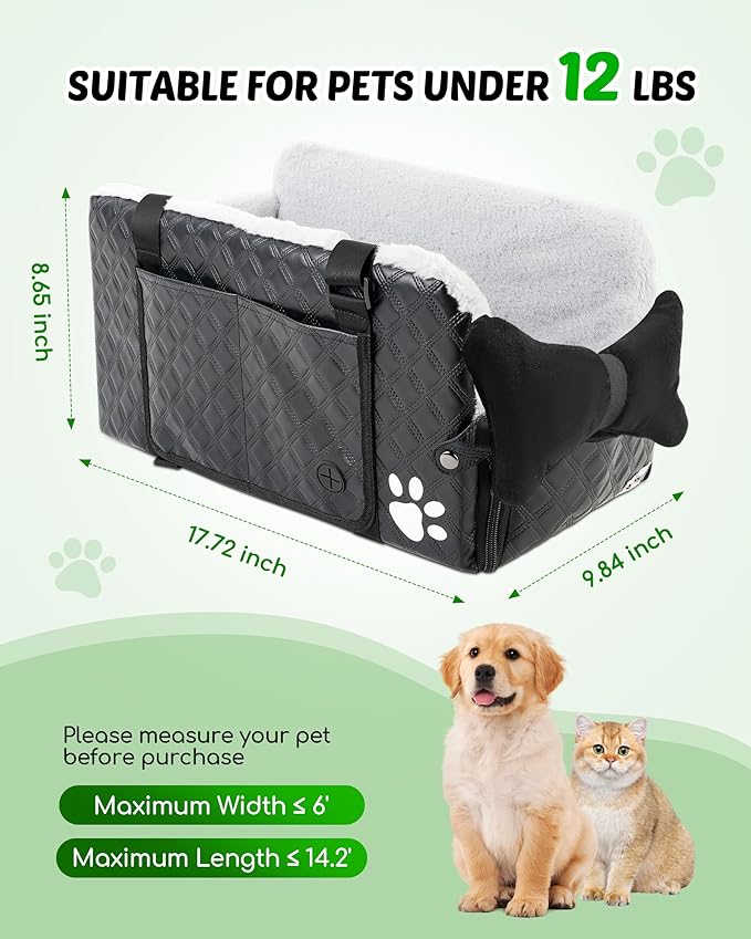 Center Console Dog Car Seat for Small Dogs, Soft Plush Car Bag for Dogs, Leather Portable Pet Cars Booster Seats, Convertible Handbag or Shoulder Bag with Cool Heat Pad, Support Pet Up to 12lbs