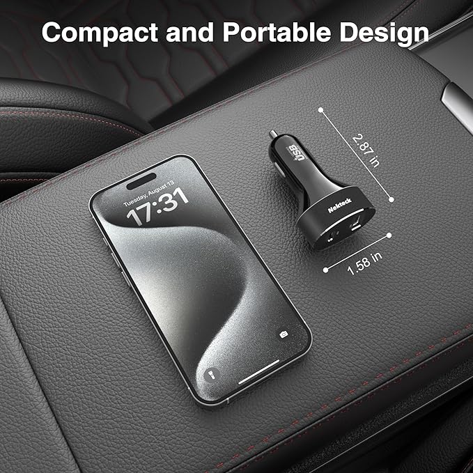 Nekteck USB-C Car Charger, 45W 2-Port USB-C Fast Charger [USB-IF Certified], PD 3.0 & QC 3.0 Output, Compatible with iPhone 17/16 Series, Galaxy S Series, MacBook Pro, and More (3.3ft Cable Included)