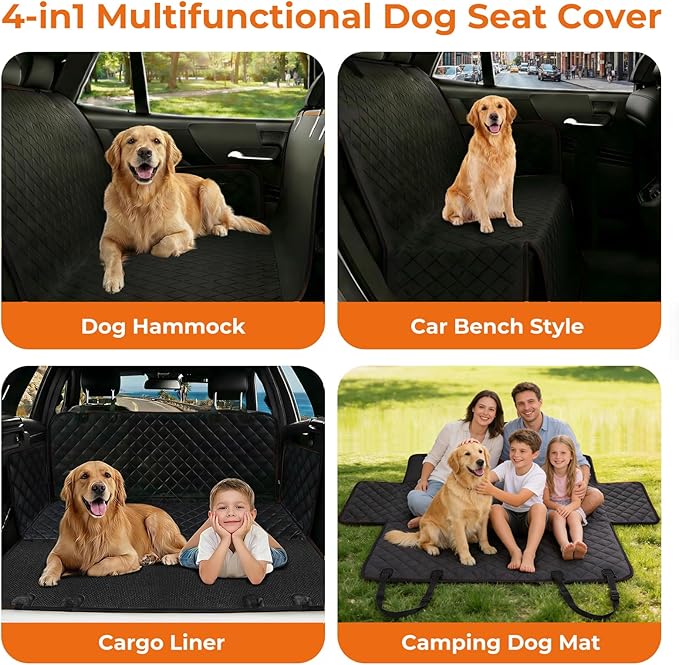 KITPLUS Dog Car Seat Cover for Pets Waterproof Seat Cover Hammock Nonslip Durable 600D Heavy Duty Scratch Proof Soft Back Seat Covers for Cars Trucks and SUVs, Black