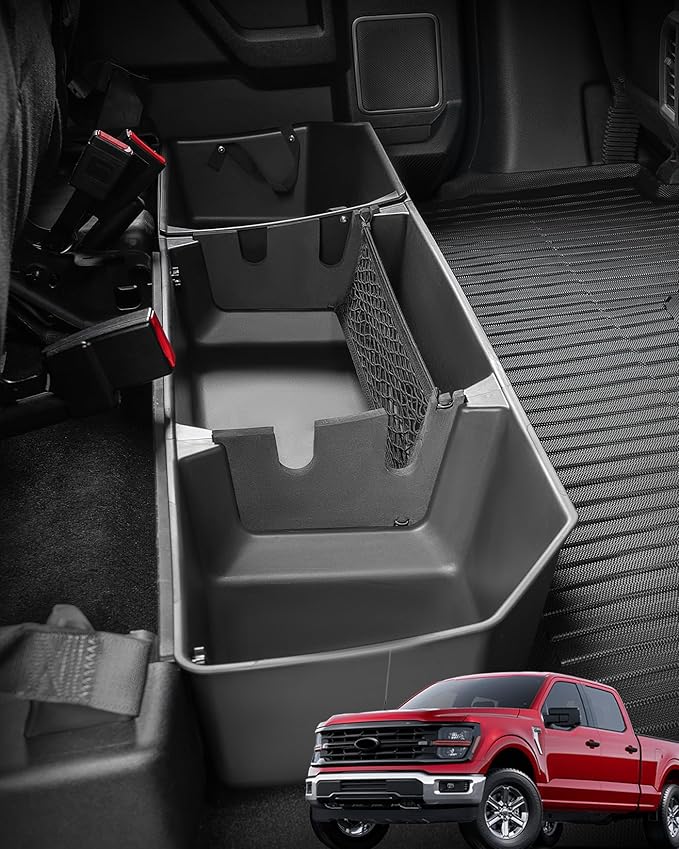 DiffCar® Truck Underseat Storage for Ford F150: 2015-2026 SuperCrew/Crew Cab, Rear Under Seat Organizer Tool Box Car Accessories for Ford F-150 F250 F350 F450 F550 Super Duty(w/Detach Bin & Mesh Net)
