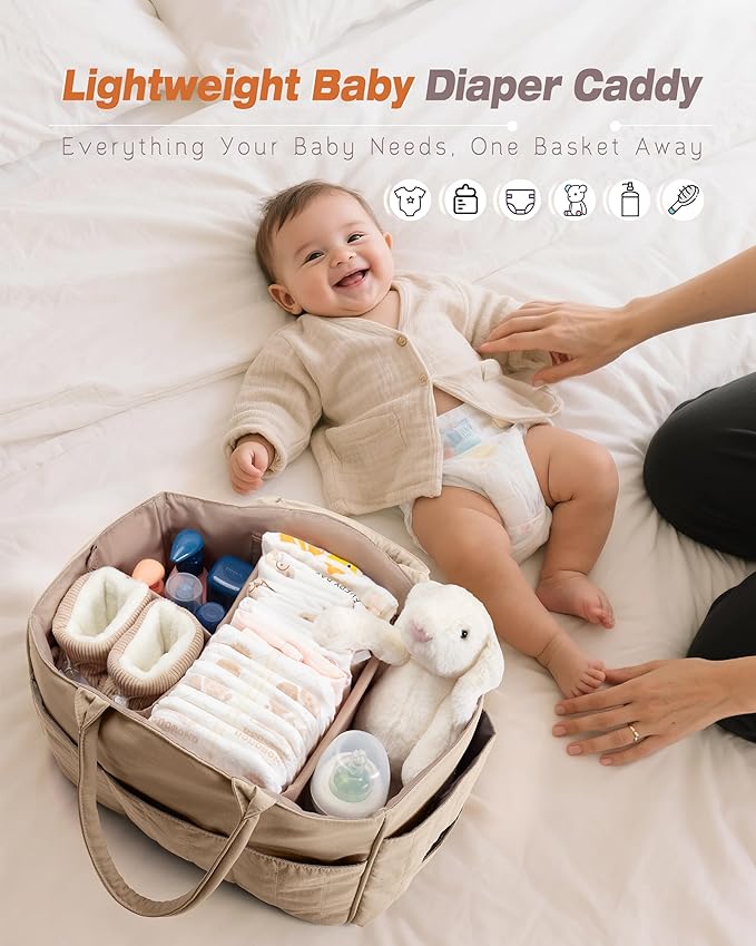 Quilted Baby Diaper Caddy with Detachable Dividers and Wipes Pocket, Lightweight Baby Caddy Organizer with Handles and 8 Pockets for Baby Stuff, Camel