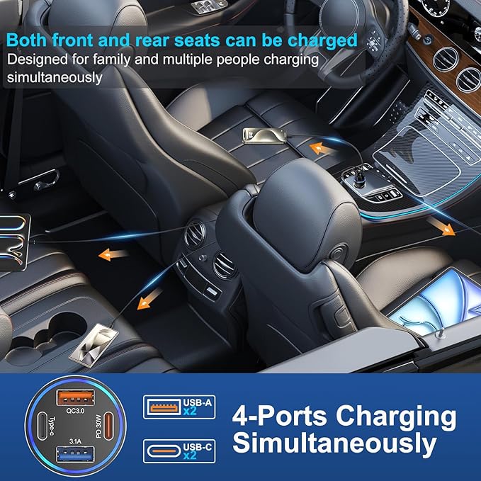 Car Charger USB C, 2Pack 4-Port 65W Cigarette Lighter USB Charger Fast Charging,Dual USB-C & USB-A Car Phone Charger Adapter Accessories for iPhone 17 16 15 14 13 Pro Max,iPad,Samsung,Tablet,Android