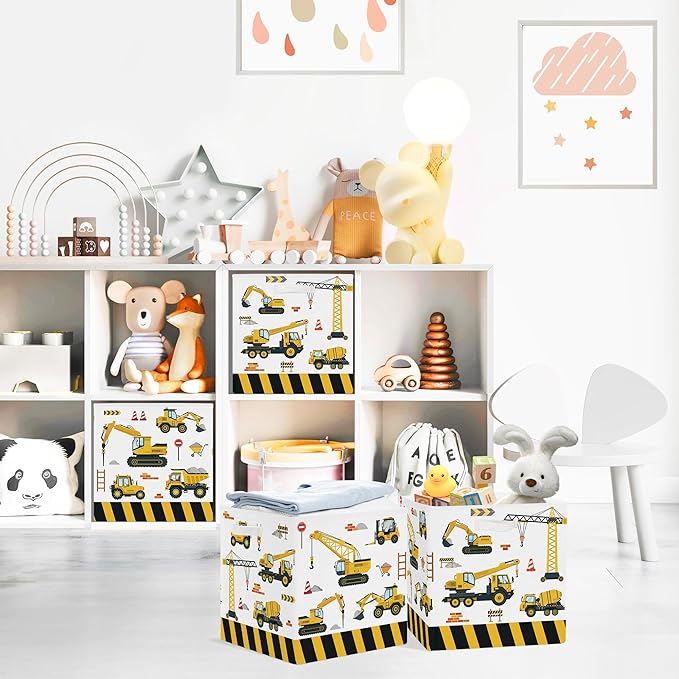 Clastyle 3 pcs Cars Cube Storage Unit Bin with Metal Frame Foldable Kallax Box for Shelves Parents Closet Organizer Basket for Book Clothes Toy Organizer, Yellow Vehicle, 11.8x11.8x11.8 in