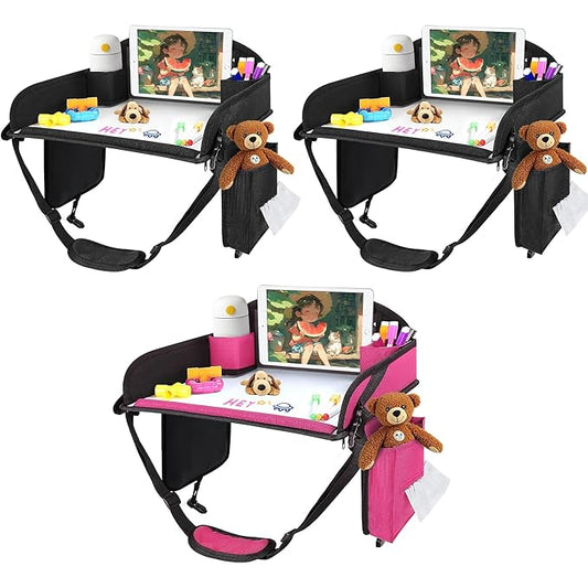 3Pcs ‎Kids Travel Tray, Kids Travel Trays for Car Seat, Road Trip Essentials for Toddler, Carseat Lap Tray with Dry Erase Board & Storage Organizer for Road Trip Activities for Kid, 2Black+1Pink