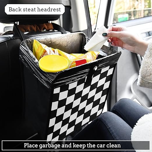 Car Trash Can Car Organizer Car Garbage Can with Adjustable Strap for Back Front Seat Console Waterproof Leakproof Collapsible Portable 8.66 Inch Checkerboard