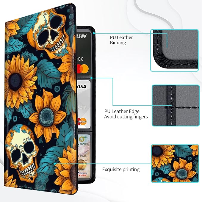 Car Registration and Insurance Card Holder, Vehicle License Documents Glove Box Compartment Organizer Wallet, ID Card Holder for Car Essentials Automobile, Skull And Sunflowers