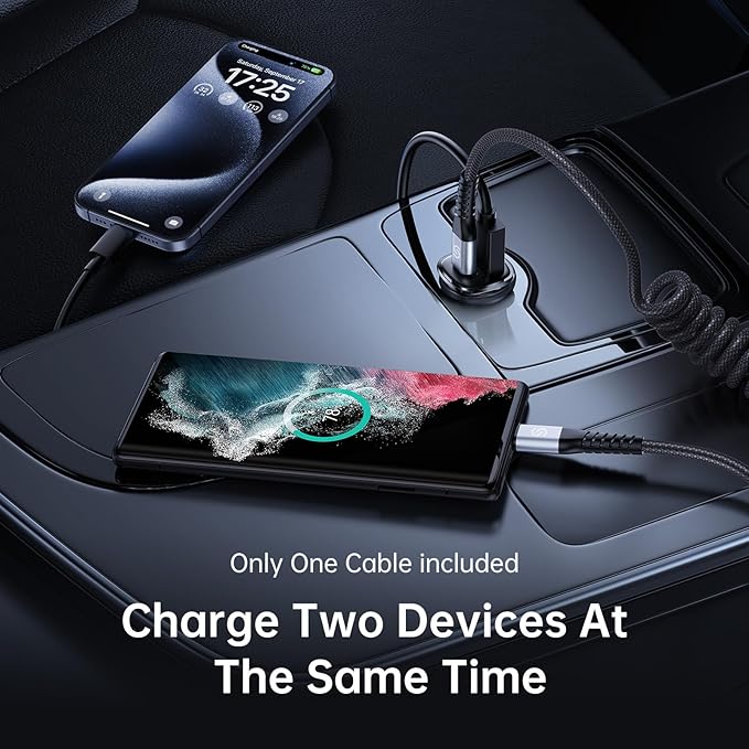 Syncwire USB C Car Charger 60W [PD 30W & QC 30W] Fast Charging USB Adapter with 5FT Type C Coiled Cable Compatible with iPhone 16/16 Plus/16 Pro/16 Pro Max/Galaxy S23/S22/ Google Pixel 7/7Pro
