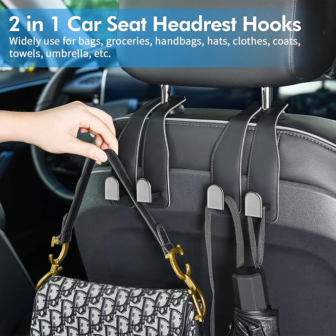 Car Hooks for Headrest, Leather Car Seat Back Storage Organizer Interior Accessories, More Wide & Deep Auto Seat Hook Hangers for Purse Umbrellas Handbag Clothes Coats Grocery Bags (Black-1 Pack)