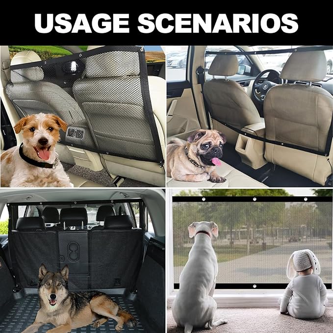 Car Dog Barrier Net Universal Dog Barrier for Car with Adjustable Ropes and Hooks One-Piece Design Mesh for Most Cars, SUVs, Pickups, Trucks and Vans(45x24 Inches)