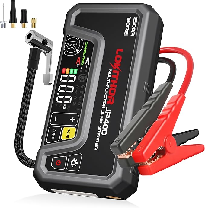 LOKITHOR JP400 Jump Starter with Air Compressor, 2500A 12V Car Battery Jumper Starter Portable (8.5L Gas/6.5L Diesel) with ConnectMax Tech, 150PSI Tire Inflator, Auto-Shutoff & Dynamic Dwell