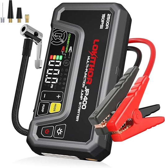 LOKITHOR JP400 Jump Starter with Air Compressor, 2500A 12V Car Battery Jumper Starter Portable (8.5L Gas/6.5L Diesel) with ConnectMax Tech, 150PSI Tire Inflator, Auto-Shutoff & Dynamic Dwell